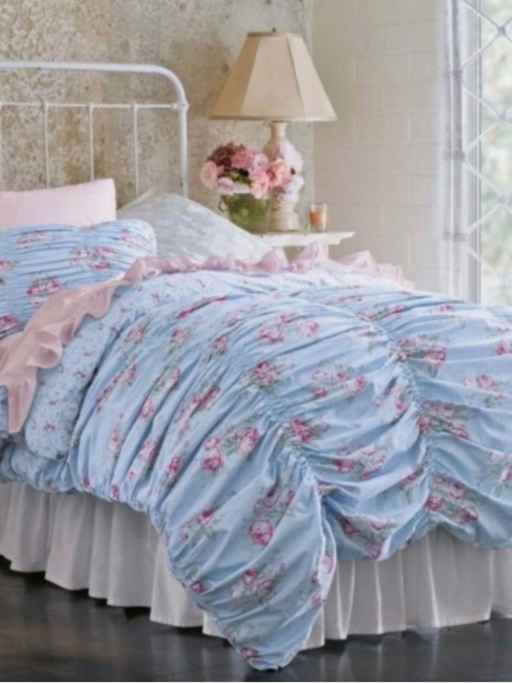 Rachel Ashwell Simply Shabby Chic Blue Pink CABBAGE ROSE Ruched Duvet Set TWIN